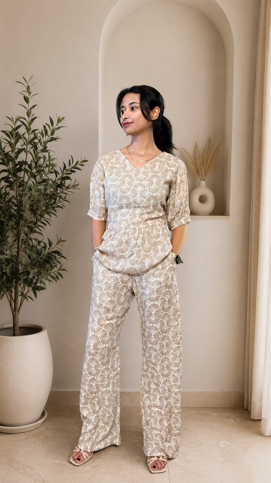Model wearing a Needlepusher co-ord set